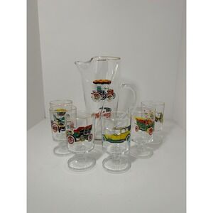 Vintage Antique Car Glass Pitcher and 6 Footed Glasses Set with Stirrer Gold Rim